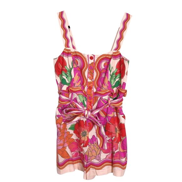 FARM RIO Spring Affair Sleeveless Romper Cream Multi Linen Blend Women's M